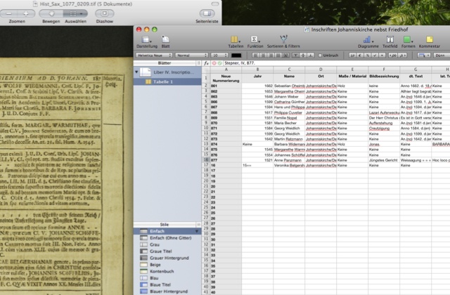 Screenshot von Stepners Inscriptiones Liber V und meiner Excel-Tabelle, wo noch Quellenangaben und Literatur zu den auffindbaren Personen kommen.